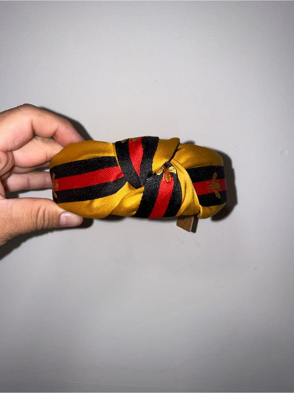 Knotted Stripe Headband with Embroidered Bee - Yellow, Black & Red